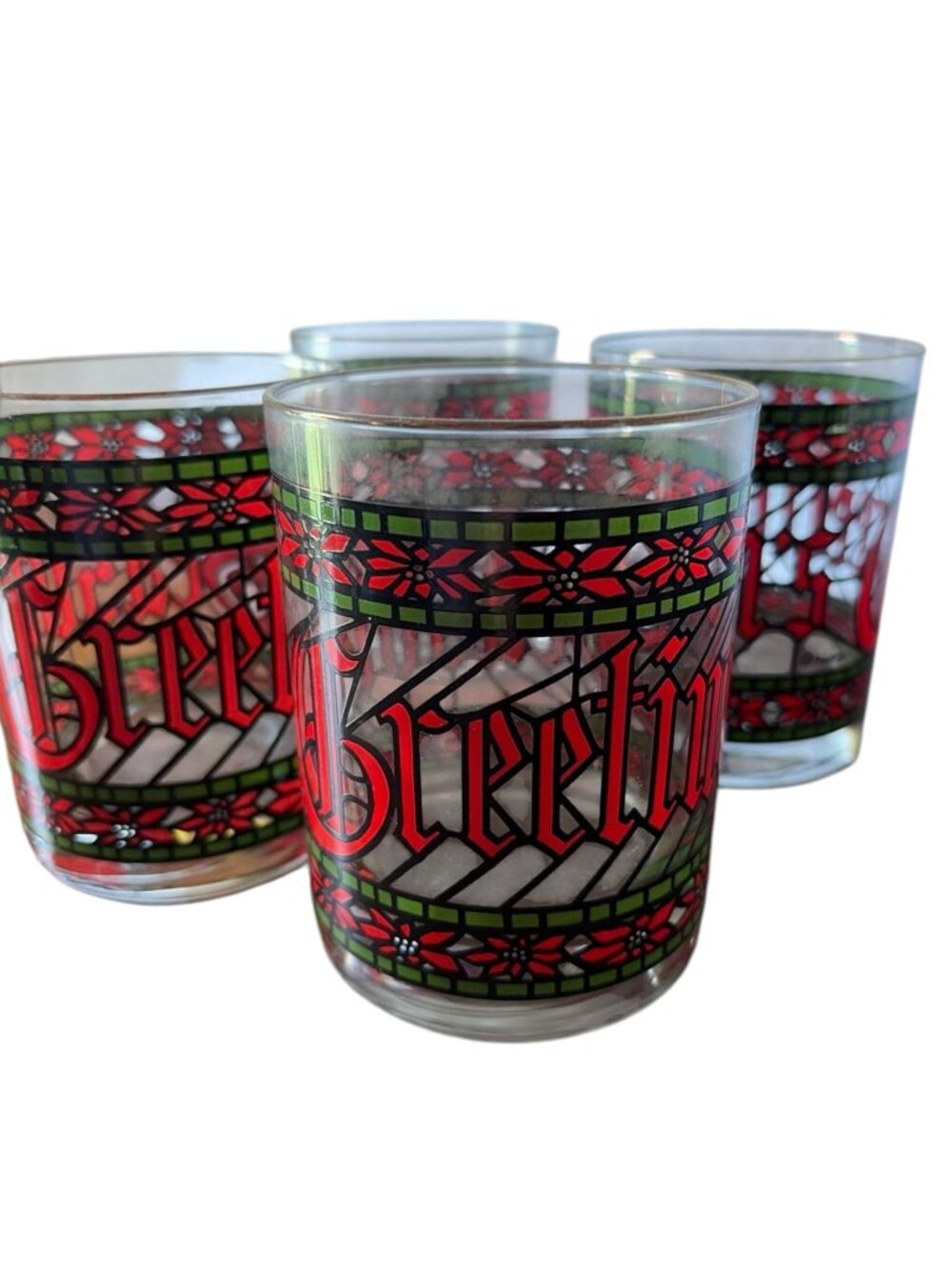 Vintage Houze "Seasons Greetings" lowball glasses red green faux stained glass